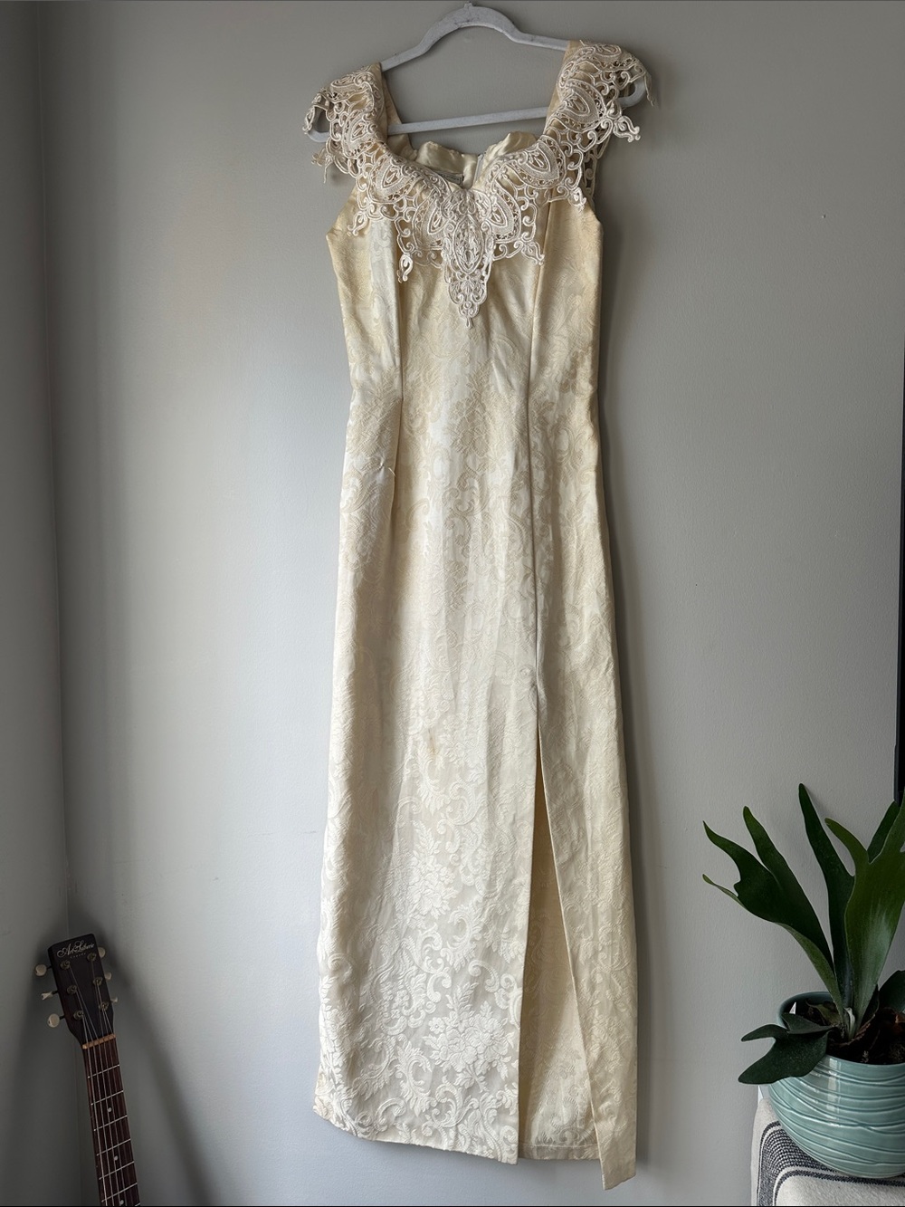 Vintage Satin Brocade Off the Shoulder Wedding Dress